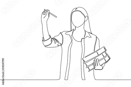 continuous line drawing portrait of teenage woman holding a book in her arm and using a pencil