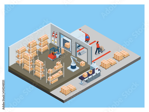 3D isometric Warehouse Logistic concept with Workers loading products on the trucks, Transportation operation service, Export, Import, forklift, pallets, cardboard boxes. Vector illustration EPS 10