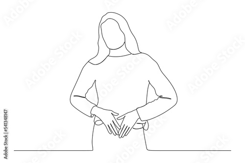 continuous line drawing of young teenager woman with stomachache