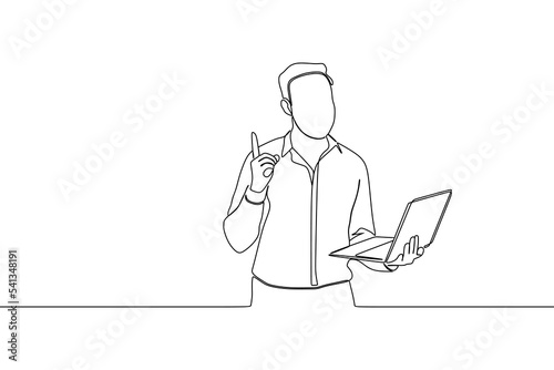 continuous line drawing of portrait of a confident bearded man using laptop computer