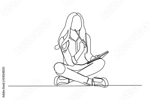 continuous line drawing of portrait of a pensive young girl making notes