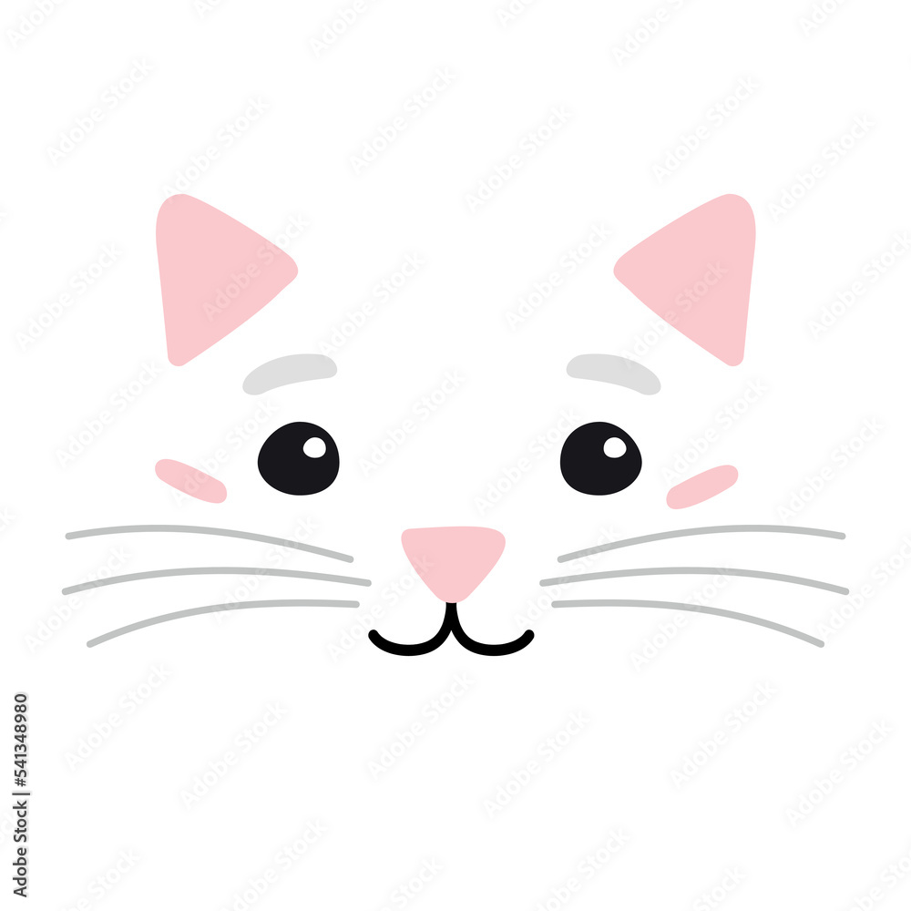 Vector hand drawn flat cat face isolated on white background