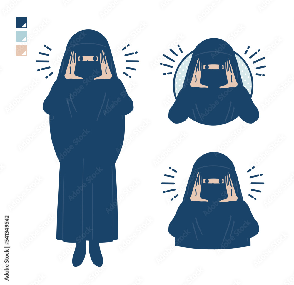 ニカブを着たイスラム教徒の女性が大声で呼びかけているイラスト