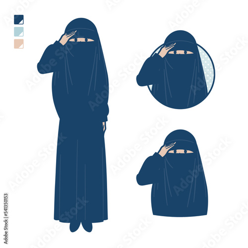 ニカブを着たイスラム教徒の女性が敬礼しているイラスト