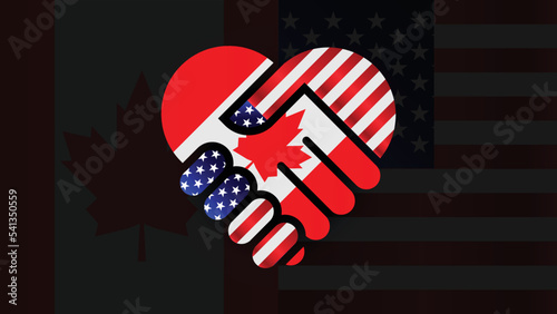 United States of America and Canada flags in relations handshake. Two Flags Together. Suitable use to Canada and america event