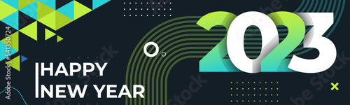 Happy new year 2023 text design with modern geometric calligraphy on dark background. Creative greeting card colorful banner for the 2023 year