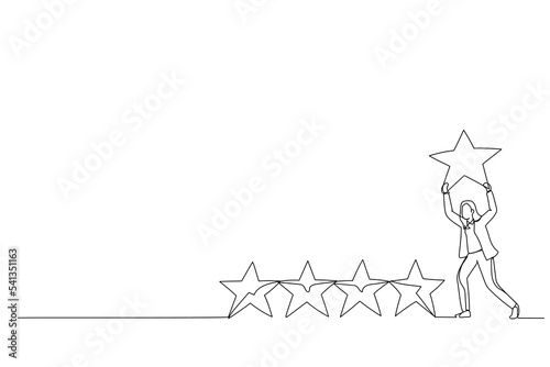 Cartoon of businesswoman holding golden yellow star to added to 5 stars rating. Continuous line art style