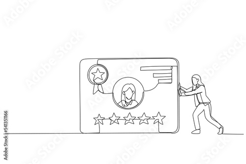 Drawing of businesswoman showing testimonial card with good reviews. Metaphor for customer praise. Single continuous line art