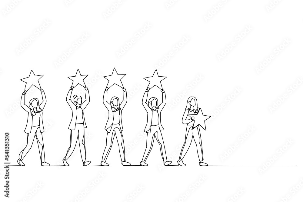 Cartoon of businesswoman giving a five star rating. Continuous line art Cartoon of businesswoman giving a five star rating. Continuous line art
