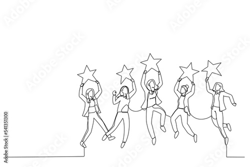 Drawing of businesswoman jumping and holding golden review stars. Metaphor for business rating. Single line art style