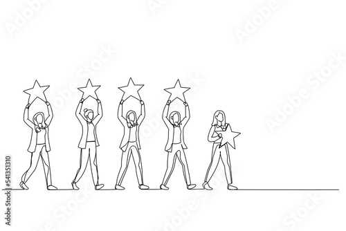 Cartoon of businesswoman giving a five star rating. Continuous line art