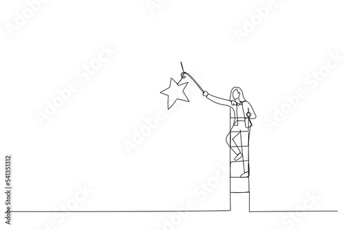 Drawing of businesswoman climbing up ladder to the top high into the sky to grab the star. One line style art