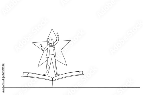 Drawing of businesswoman standing on flying book on star. Single line art style