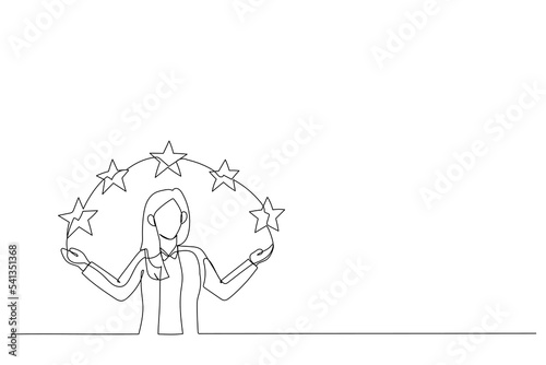 Drawing of businesswoman points to the stars. Metaphor for good customer review. Single line art style