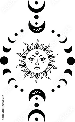 Sun with face surrounded by phases of the moon design.