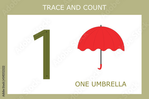 A game of tracing the outlines of the number one  with umbrella. Preschool worksheet, kids activity sheet, printable worksheet