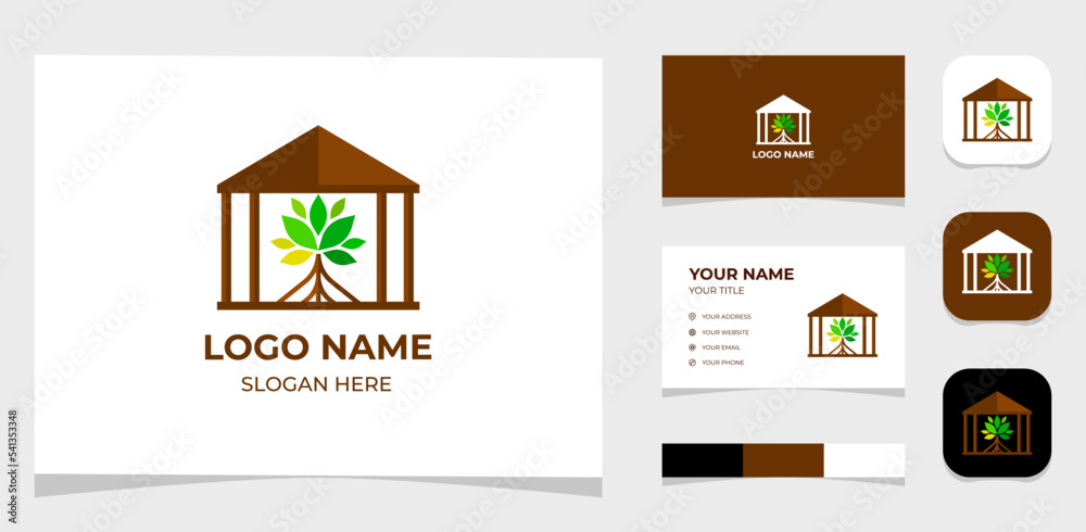 Template Logo Creative Mangrove tree, root mangrove and gazebo shape concept. Creative Template with color pallet, visual branding, business card and icon.