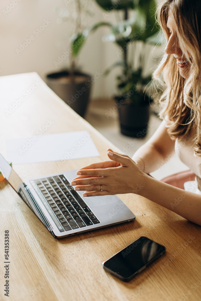 Fototapeta premium Work Time in Startup, Woman Hands On The Table with Laptop From Office