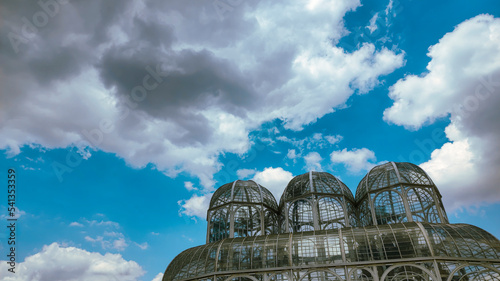 Beautiful panoramic view of Jardim Botânico public park with blue sky and clouds in the background, Curitiba, Paraná, Brazil