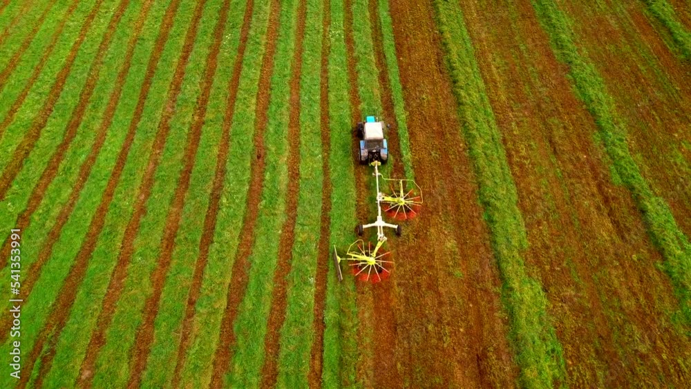 Tractor Raking grass for silage harvesting. Agriculture farm machinery