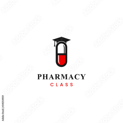pharmacy class logo design on isolated background. capsule with graduation hat logo concept