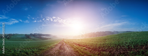 green field and the rising sun Over the country road