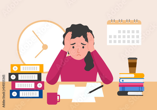 Woman feel stress in office. Headache while working with documents. Work load deadline. Stress at work.