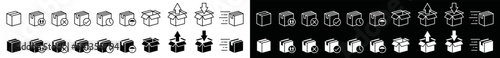 Box icon vector collection. Empty, open shipping box or unboxing icon. Carton boxes sign silhouette. Outline and flat of box symbol illustration. Shipping box status icon set
