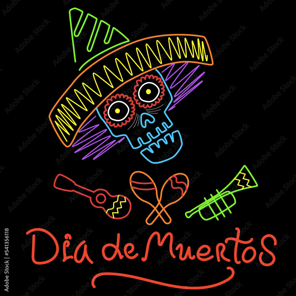 Linear multi-colored Skull in a sombrero with a guitar, maracas, and a pipe on a black background. Colorful graphics for the Day of the Dead. Dia de Muertos Stock Vector Illustration