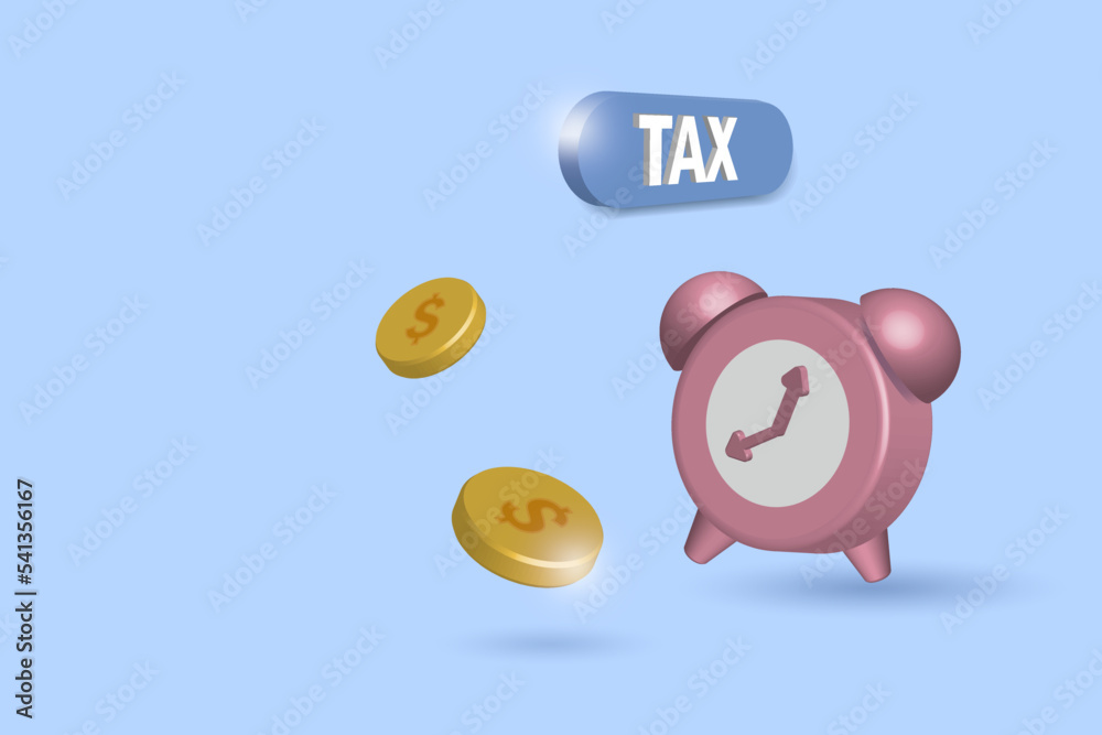 Tax time, tax filing concept. Clock alarm notification for tax season and gold coins falling. 3D realistic vector. Tax time, tax filing concept. Clock alarm notification for tax season and gold coins falling. 3D realistic vector.