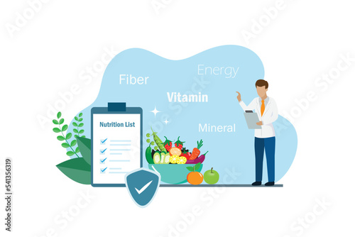 Nutritionist doctor with healthy vegetable foods and diet control plan. Weight loss program service business for healthy body. 