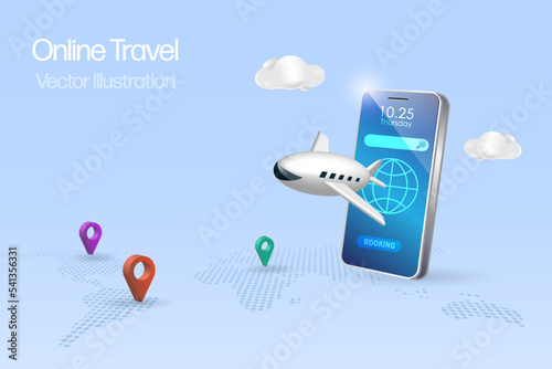 Online travel, online booking concept. Airplane flying from smartphone app. Reservation flight ticket, traveling by airplane to explore world. 3D realistic vector.
