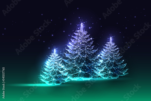 Northern lights Christmas greeting card with Glowing spruce tree forest, futuristic polygonal style 