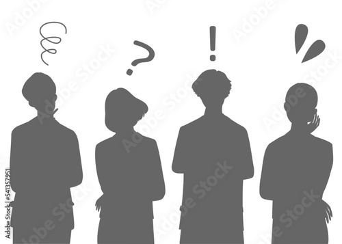 悩む疑問ひらめく焦る男女のシルエット 上半身正面のイラストバリエーション
