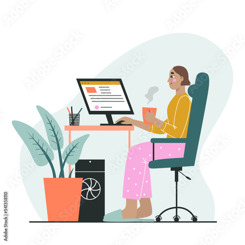 Freelance woman working on a laptop at home, dressed in home clothes. The concept of freelancing and remote work. Flat vector illustration. 