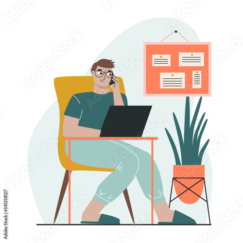 Freelance man working on a laptop at home, dressed in home clothes. The concept of freelancing and remote work. Flat vector illustration