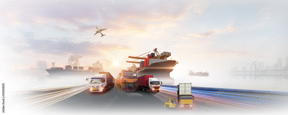 Container truck in ship port for business Logistics and transportation of Container Cargo ship and Cargo plane with working crane bridge in shipyard, logistic import export and transport 