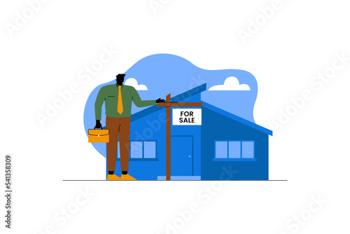 The agent puts up a sign that the house is for rent