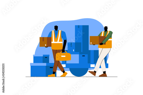 Two people lifting moving items flat illustration for website header