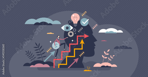 Professional job training and personal skills development tiny person concept. Update employee knowledge with educational learning about sales work efficiency vector illustration. Motivation coaching.