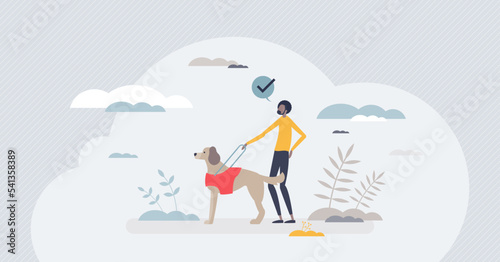 Service dog and animal assistance for disable owners tiny person concept. Blind guidance and handicapped people with professional trained pets vector illustration. Labrador retriever special support.