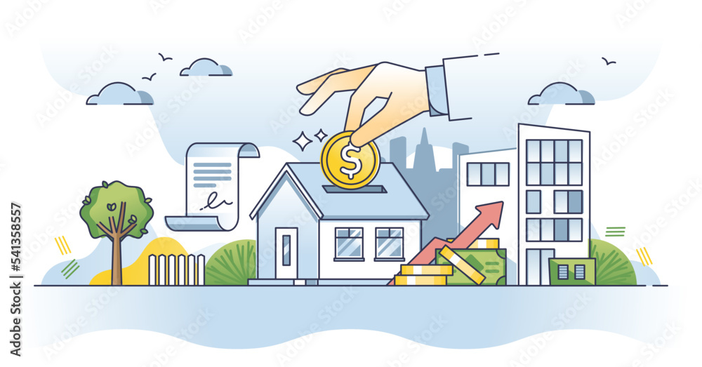 Real estate investing with house purchase and ownership outline concept. Make agreement with bank to buy new property in residential area vector illustration. Assets and capital development or growth.