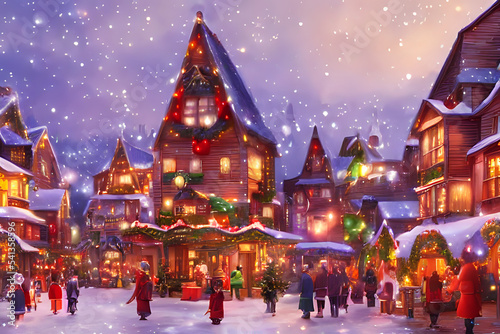 Outdoor scenery of a snowy winter village during Christmas season. Generative AI creation.