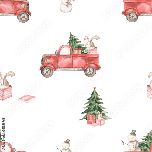 Watercolor seamless pattern with Christmas pickup truck  snowman  fir tree  bunny  gifts