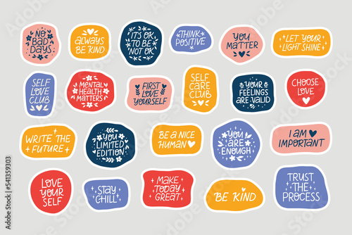 Collection mental health stickers. Self care and love flat vector illustration set. Inspirational quotes. Positive motivation saying for daily planner, scrapbook, diary, calendar.