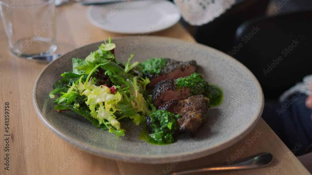 Waiter serving tasty grilled pork and salad at luxury restaurant in slow motion Waiter serving tasty grilled pork and salad at luxury restaurant in slow motion