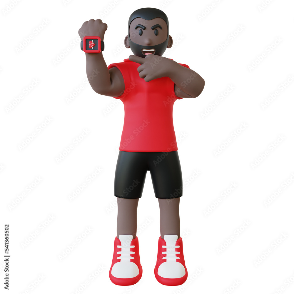 3d illustration of a guy with smartwatch cardio record