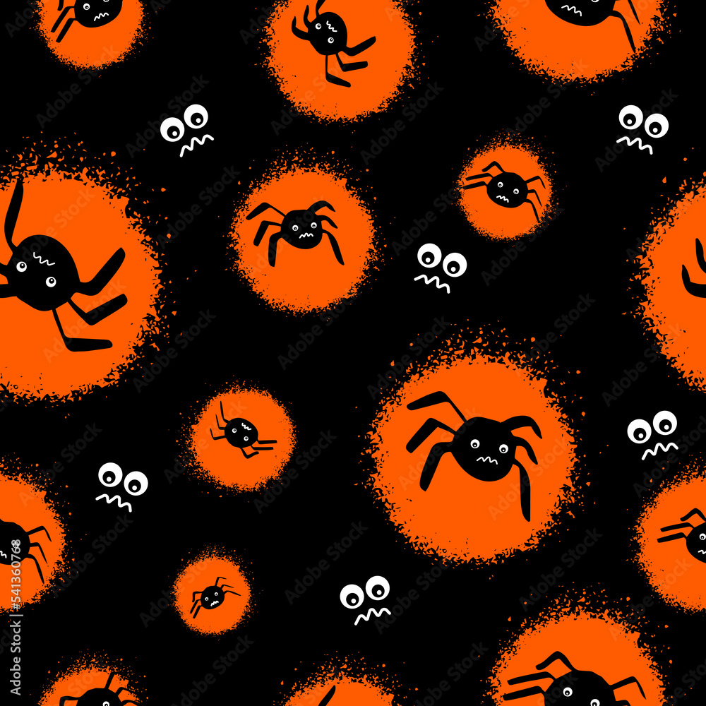 Fototapeta premium Seamless pattern with spiders and eyes for flyers and postcards. Doodle and street graffiti style. Happy Halloween card.