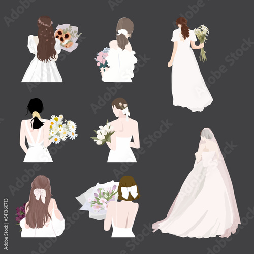 Hand drawn Bride with beautiful hairstyle flower on white dress watercolor vector illustration