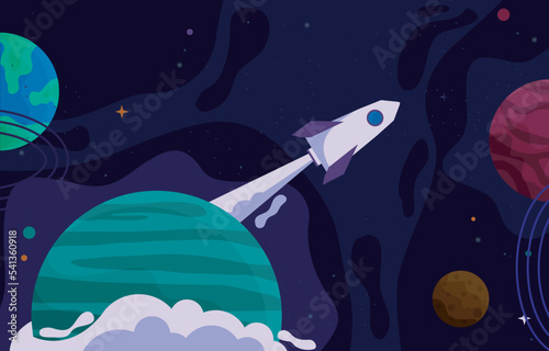 Rocket Outer Space Craft Planet Stars Adventure Illustration